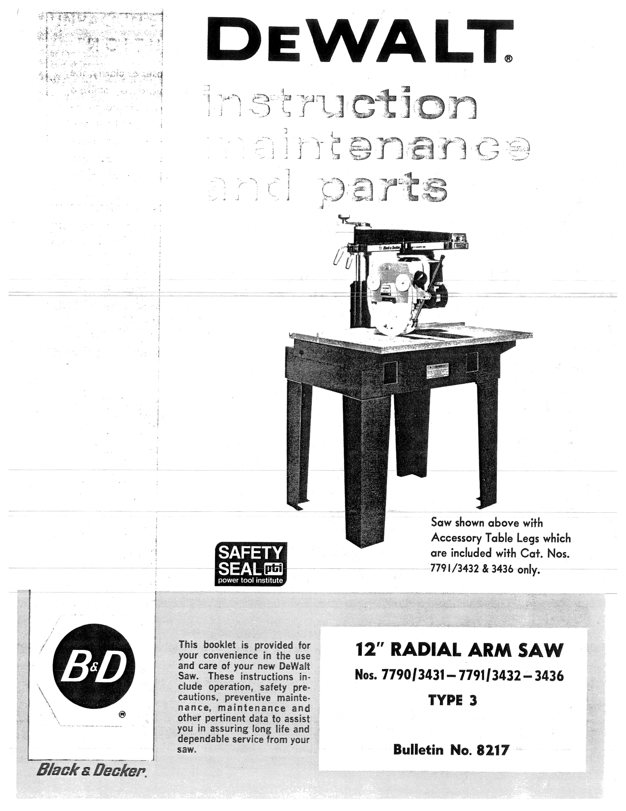 DEWALT 16"  20" Radial Arm Saw Instructions & Parts Manual 0962 