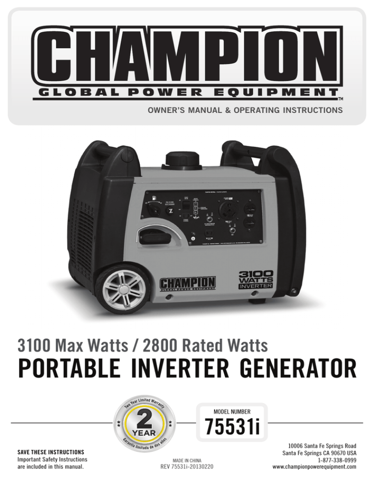 Champion PORTAbLE GENERATOR Owner`s manual Manualzz