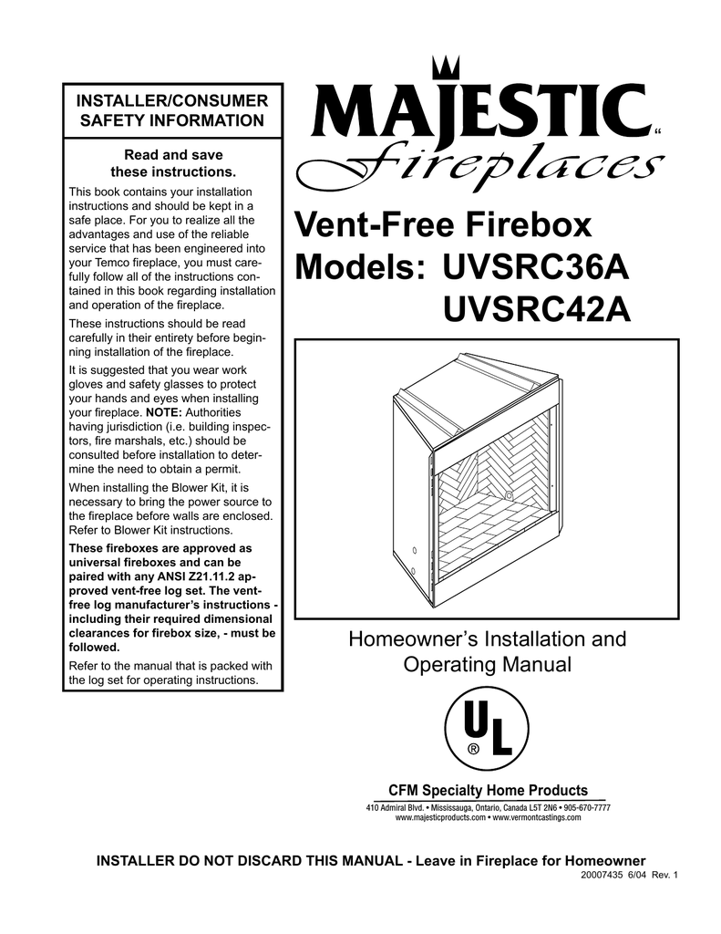 Majestic Fireplaces Uvsrc36a Operating Instructions Manualzz Com