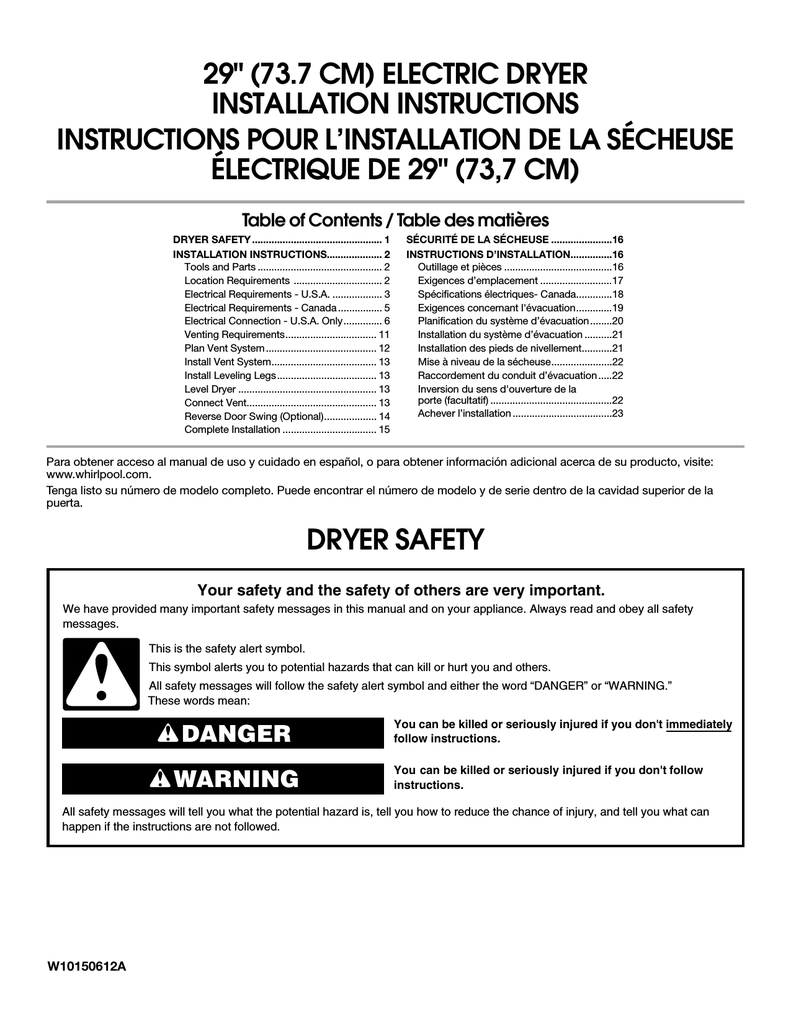 Whirlpool W10150612A User manual installation instructions Manualzz