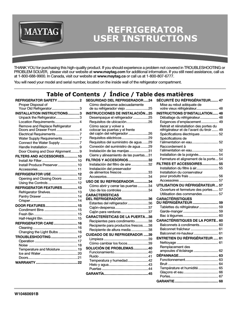 Maytag W10460691B User manual Whirlpool warning Manualzz