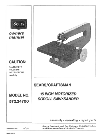Craftsman 57224700 Motorized Scroll Saw Owner's Manual | Manualzz