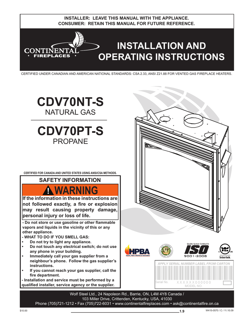 Continental Fireplaces Cdv70pt S Operating Instructions Manualzz Com