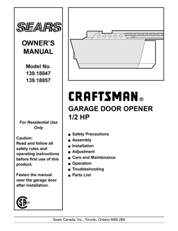 Craftsman 139 18857 Owner S Manual, Sears Craftsman Garage Door Opener Troubleshooting 1 2 Hp