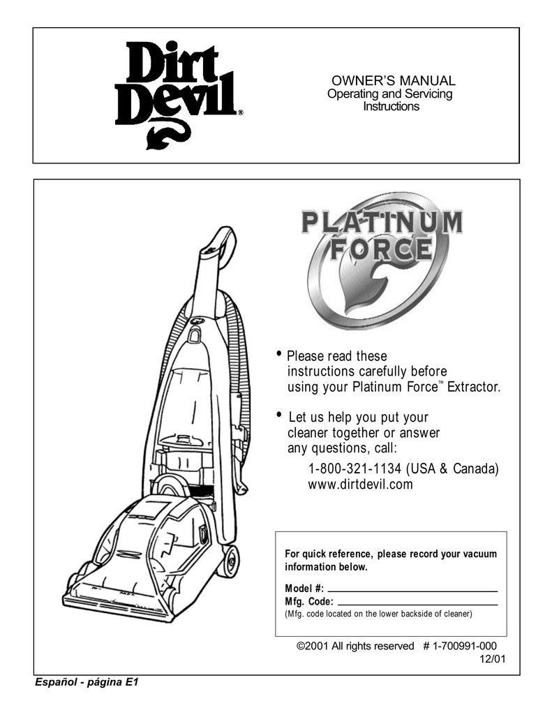 Dirt Devil Platinum Force Owner S Manual Manualzz