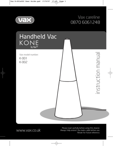 Vax Kone Handheld Vacuum Cleaner User guide | Manualzz