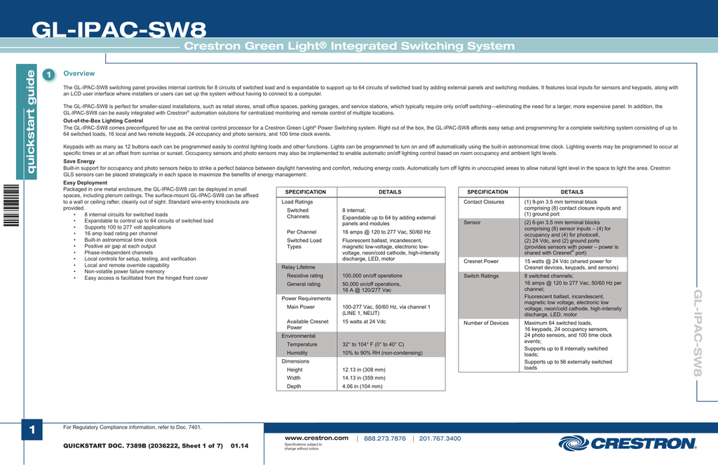 Crestron Green Light Glpx Hsw Ft Specifications Manualzz