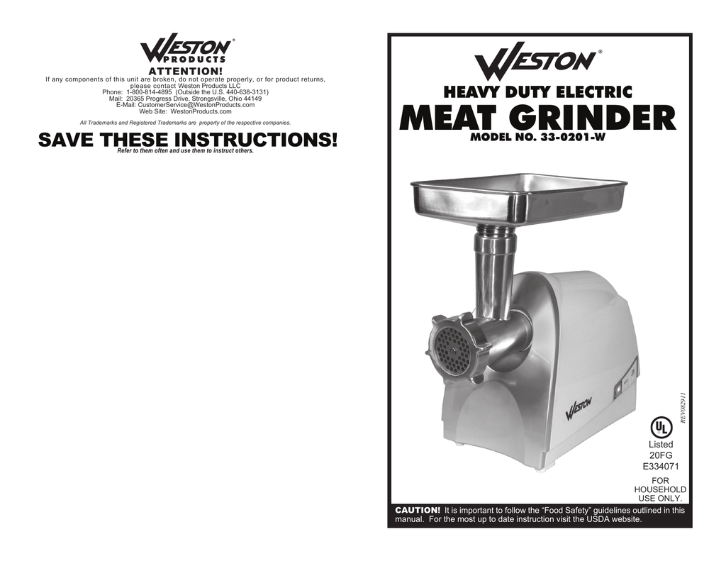 Weston 33-0201-W Meat Grinder and Sausage Stuffer, 575 W