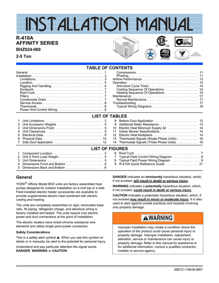 York Affinity Bhz060 Specification Manualzz