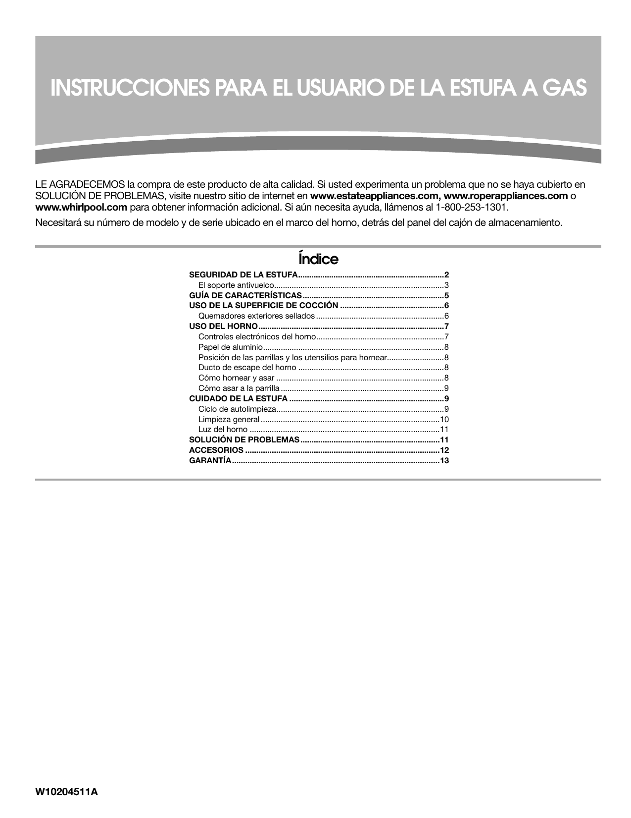 Whirlpool | W10204320B | Manual de usuario | instrucciones para el usuario  de la estufa a gas | Manualzz