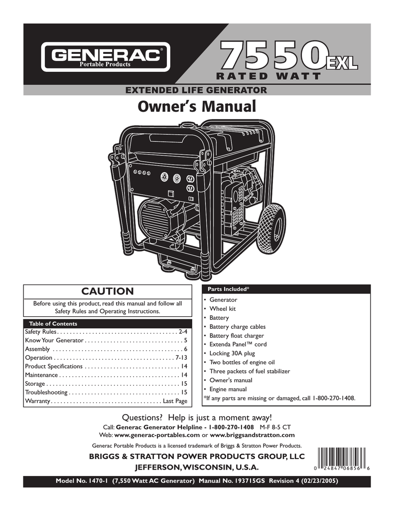 Generac 7550 Exl Owners Manual