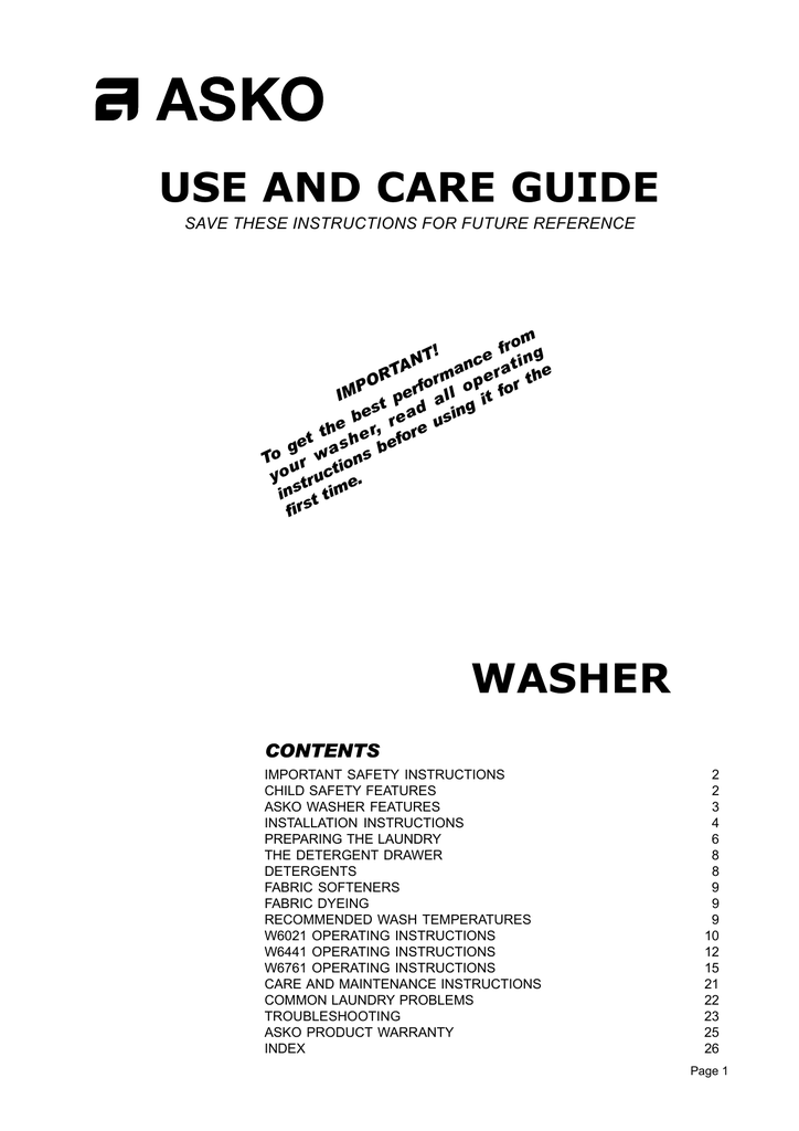 Asko W6441 Operating Instructions Manualzz