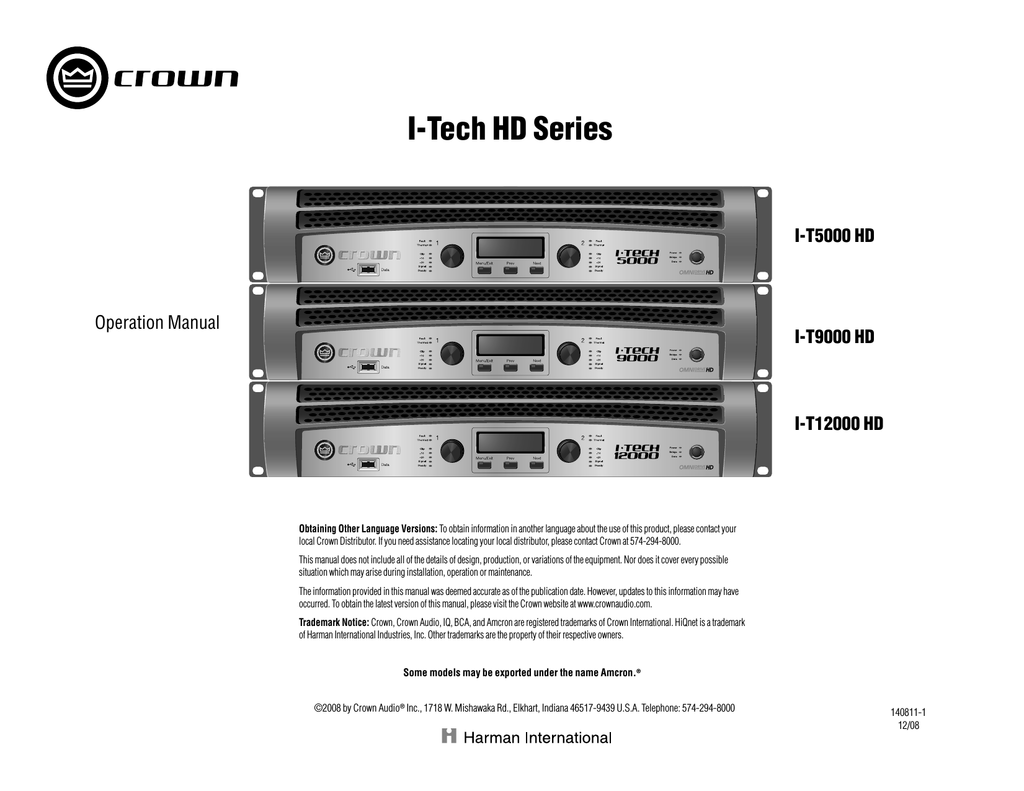 Operation manual pdf. Crown i-Tech 12000hd. Crown i Tech 8000 HD. T9000 HD. Crown ITECH.