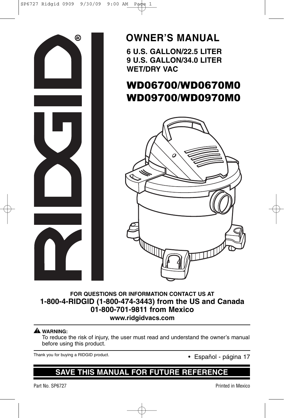 Vacuuming Dry Materials. RIDGID 