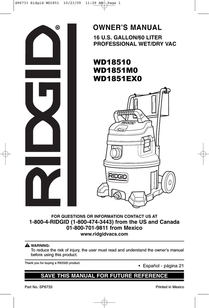 Owner's manual | RIDGID WD18510 Owner`s 