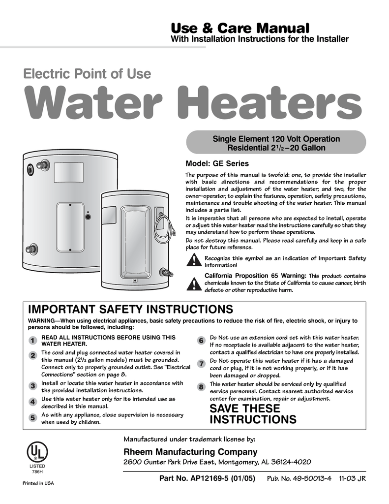 Rheem water heater xe50m06st45u1 manual