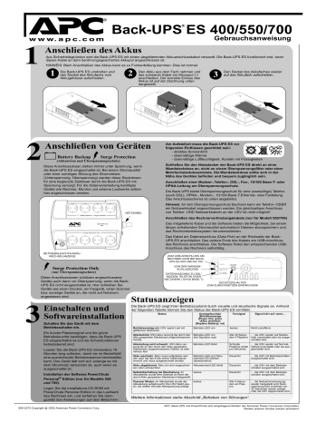 Back-UPS 400 | Benutzerhandbuch | Schneider Electric Back-UPS ES 400/550/700, 230 V User Guide | Manualzz