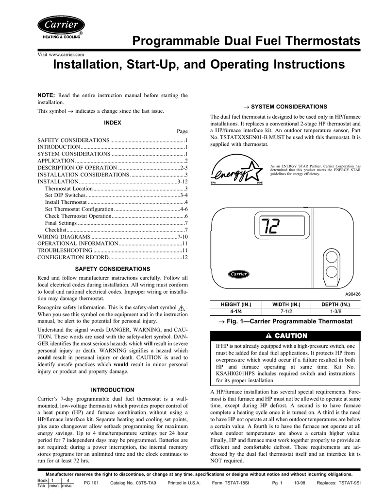 Carrier Programmable Dual Fuel Thermostats Installation, StartUp, And
