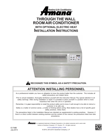Amana PBC092G00CC 9300-BTU 425-sq ft 115-Volt Through-the-Wall Air Conditioner Installation guide | Manualzz