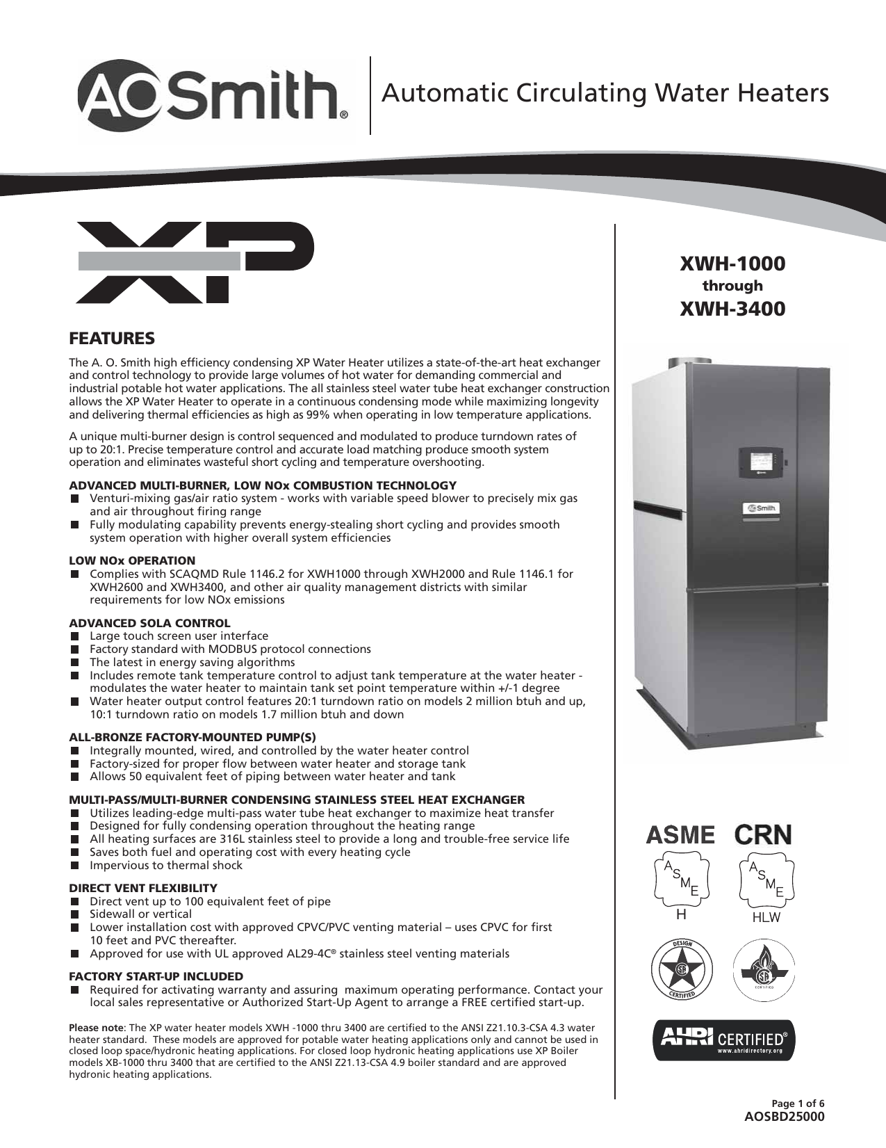 XWH Automatic Circulating Water Heater Spec Sheet (AOSBD25000) | Manualzz