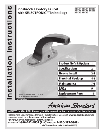 American Standard Innsbrook Lavatory Faucet M968498 Specifications | Manualzz