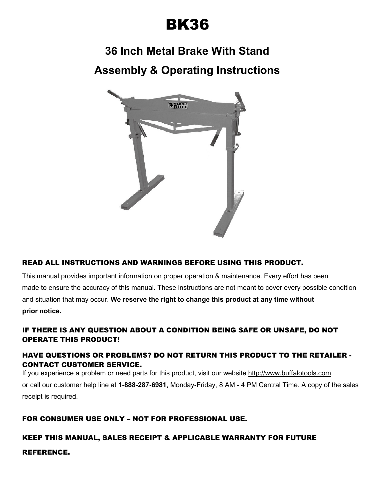 Buffalo BK36 Metal Brake With Stand 36 Inch Owner Manual Manualzz
