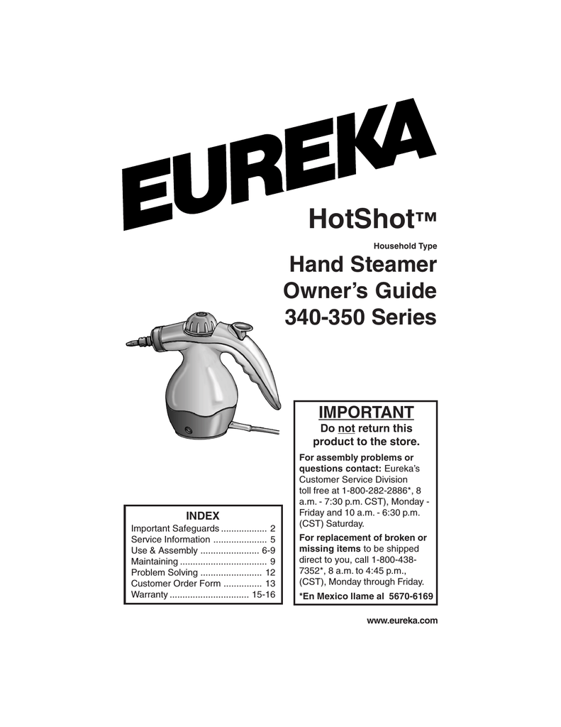 Eureka Hotshot 340 Series Specifications Manualzz Com