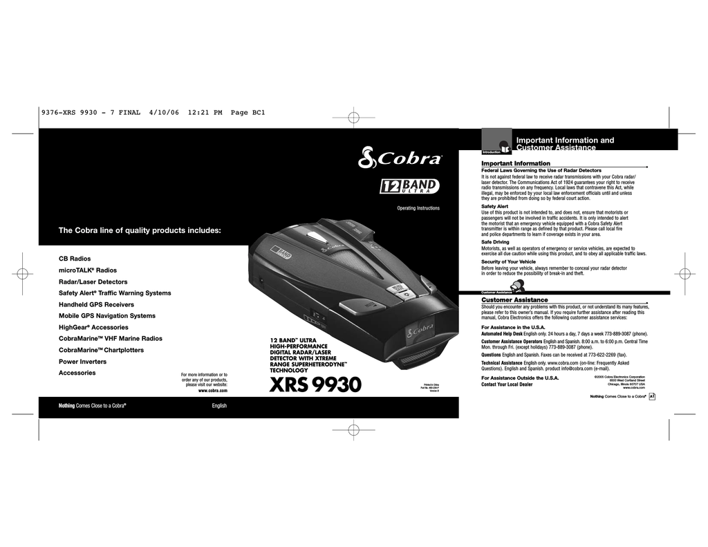 Cobra Electronics 12 Band Xrs 989 Xrs 9930 Xrs 9930 User Manual Manualzz