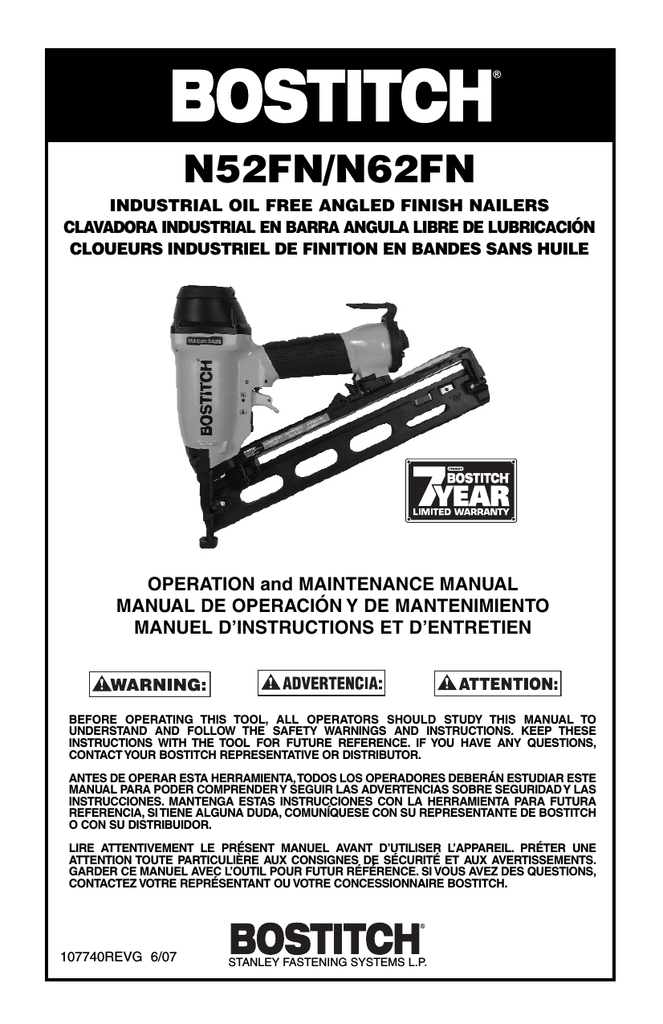 Bostitch N62FNK2 15Gauge OilFree Angled Finish Nailer Kit Instruction manual Manualzz