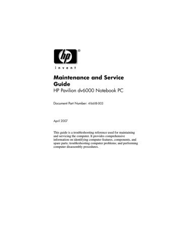 HP Pavilion dv6100 Entertainment Notebook PC series Maintenance and Service Guide | Manualzz