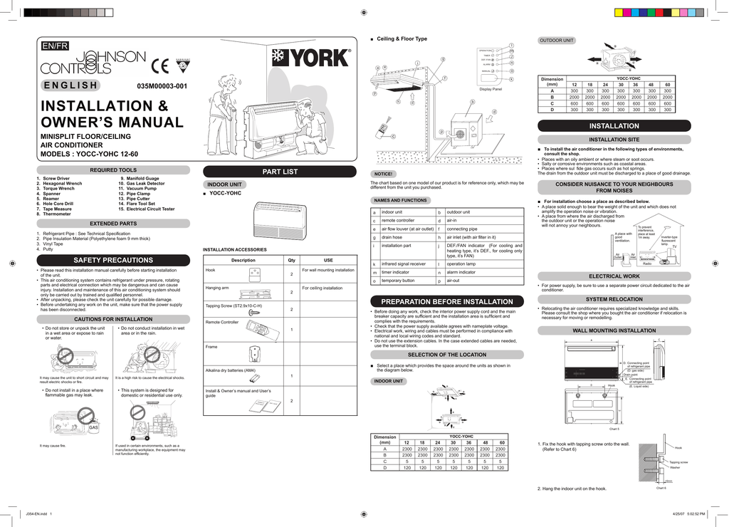 York Floor Ceiling R-410A 50Hz Installation manual | Manualzz