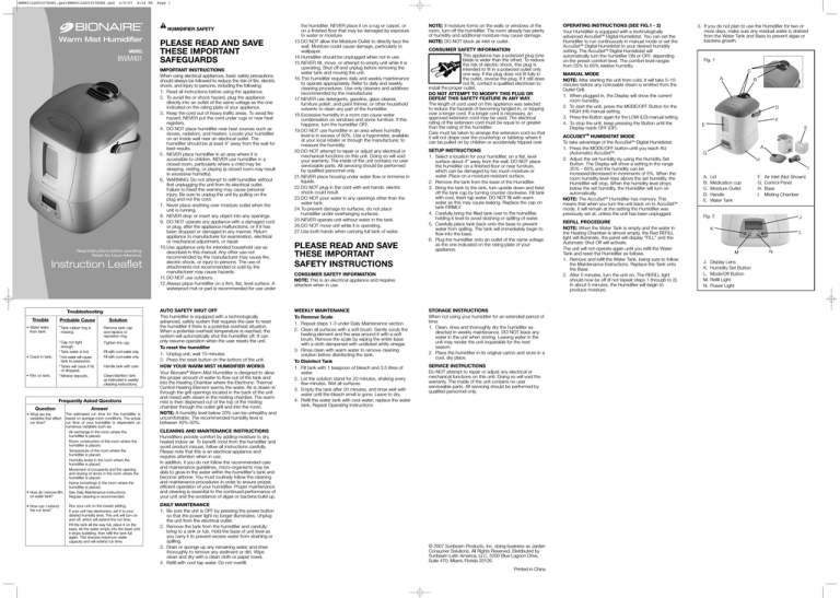 Bionaire BWM401 - 2 Operating instructions | Manualzz