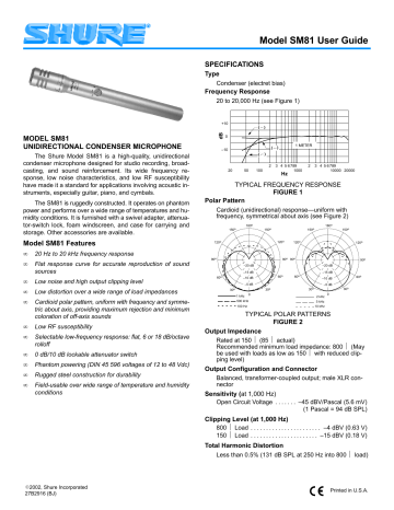 Shure SM81 Kondensator-Kleinmembranmikrofon, SM81 Bedienungsanleitung | Manualzz
