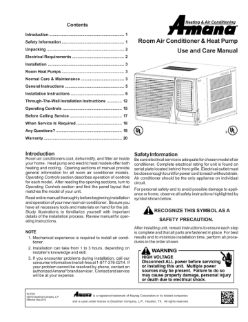 Amana 17 600 Btu R 410a Window Air Conditioner With 3 5 Kw Electric Heat And Remote Installation Guide Manualzz