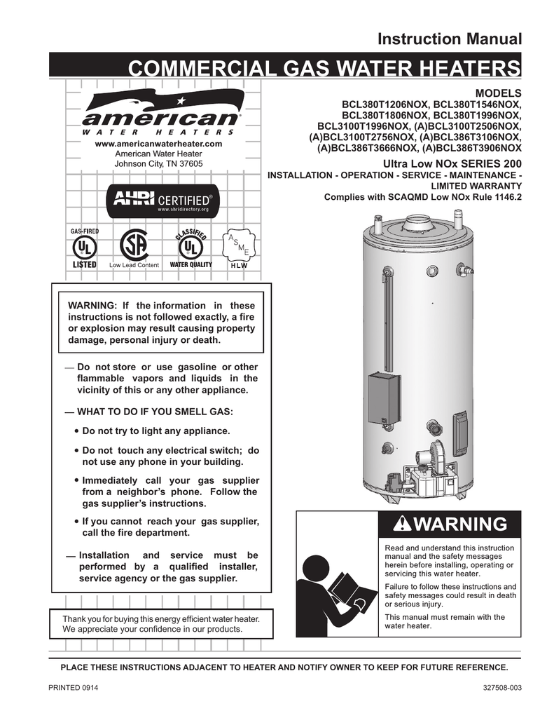 American Water Heater (A)BCL3100T2756NOX Instruction manual Manualzz