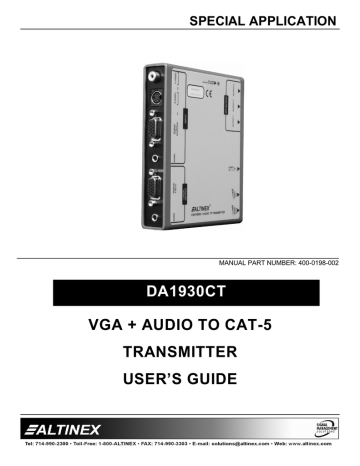 User's Guide | Altinex CAT-5 to VGA + Audio Receiver DA1931CT User`s guide | Manualzz