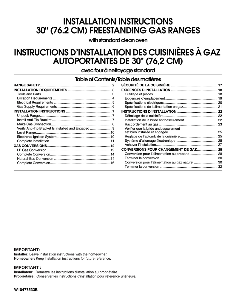 Whirlpool W10477533B Range User manual Manualzz