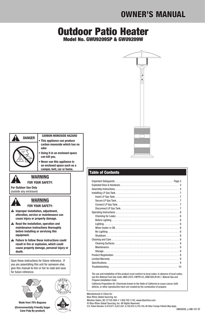 Uniflame GWU9209SP Patio Heater Owner's Manual Manualzz