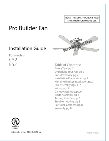 Craftmade C52 E52 Pro Builder, Craftmade Ceiling Fan Light Kit Instructions