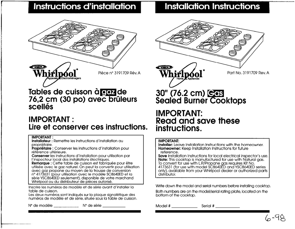 Whirlpool SC8640ED User manual 30” (76.2 cm) m Sealed Burner Cooktops IMPORTANT Manualzz