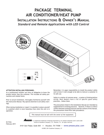YMGI PTH153G35AXXX 14,200 BTU R-410A Packaged Terminal Heat Pump Air Conditioner   3.5 kW Electric Heat 230-Volt Owner`s manual | Manualzz