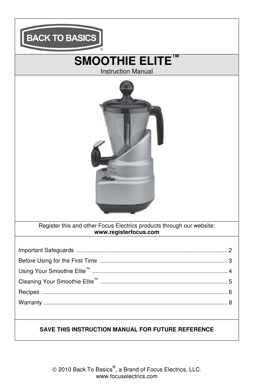 West Bend SMOOTHIE ELITE, SE2000B - Smoothie Maker, Elite, Smoothie Plus,  SE2000, SE2000B, SECBLACK, SECRED, SECBLUE User manual | Manualzz