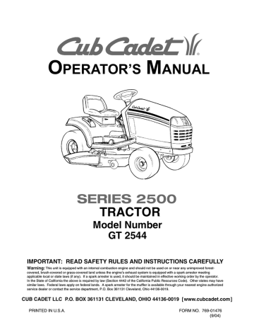 Cub Cadet Parts Manual/Catalog Model GT2554 Tractor 2009 and After