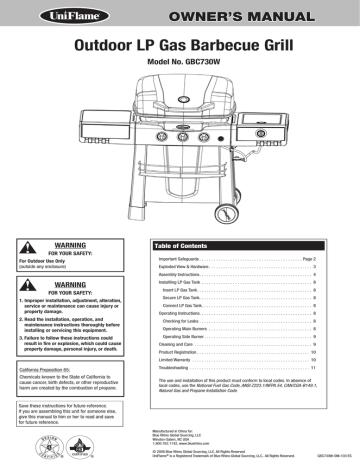 Blue Rhino GBC730W Bbq And Gas Grill Owner's Manual | Manualzz