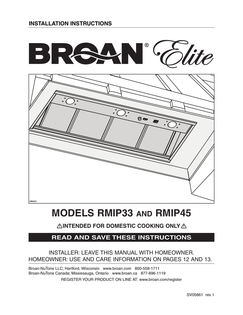 Broan Broam Elite Range Hood Ventilation Hood User Manual Manualzz
