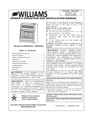 Williams 1096542 Installation manual | Manualzz