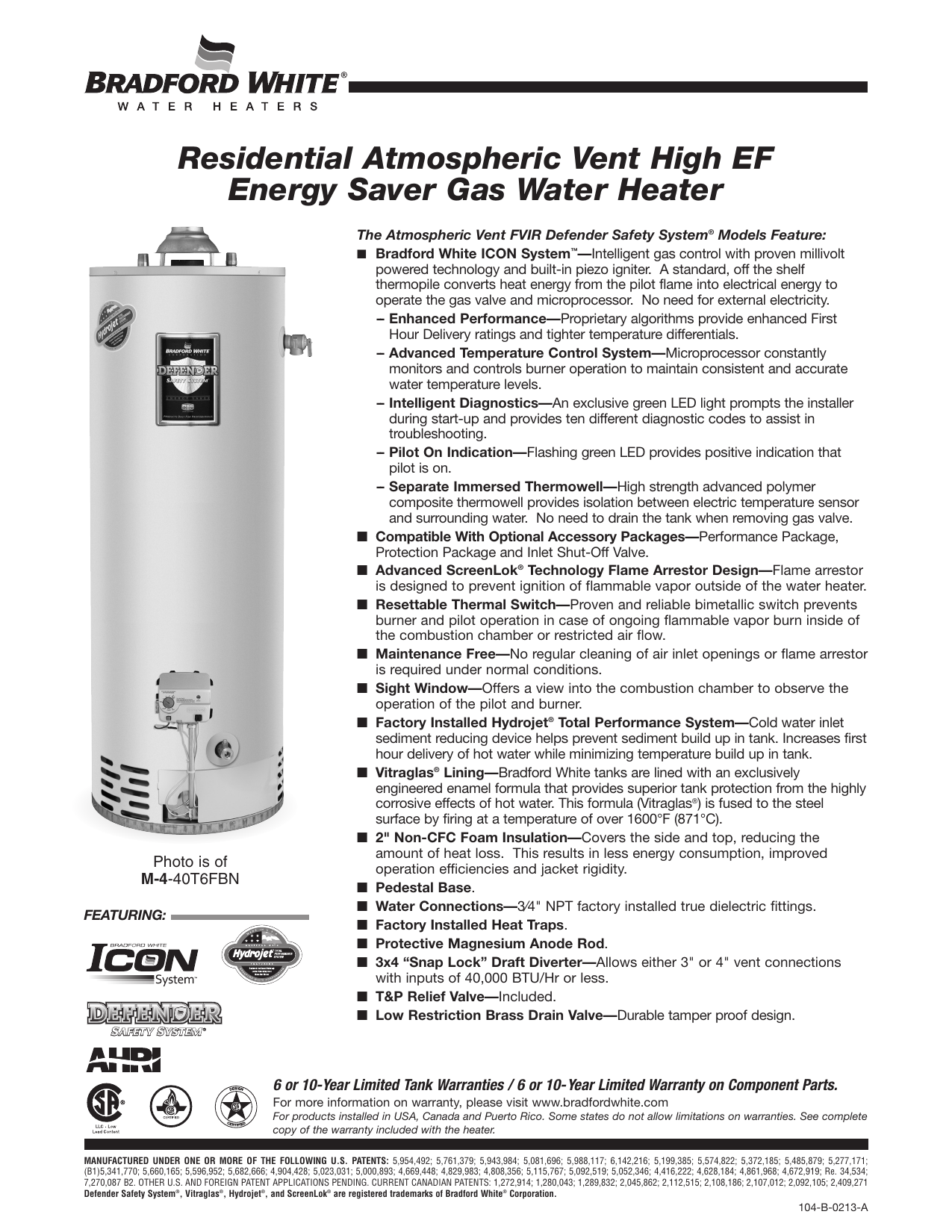 Bradford White M-I-60T6FBN Atmospheric Vent Gas Spec Sheet | Manualzz