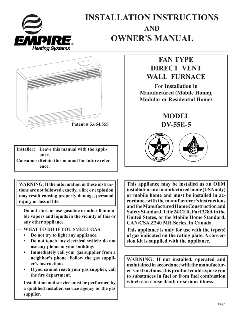 Empire Heating Systems Dv 55e Owner S Manual Manualzz