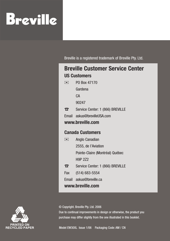 Breville EW30XL User manual | Manualzz
