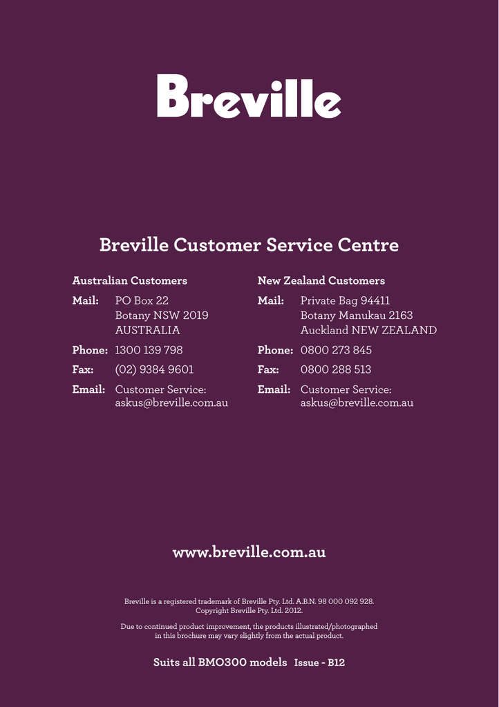 Breville Bmo300 Specifications Manualzz